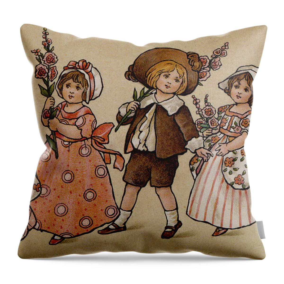 Hollyhocks Throw Pillow featuring the painting Hollyhocks, Victorian card by Florence Hardy