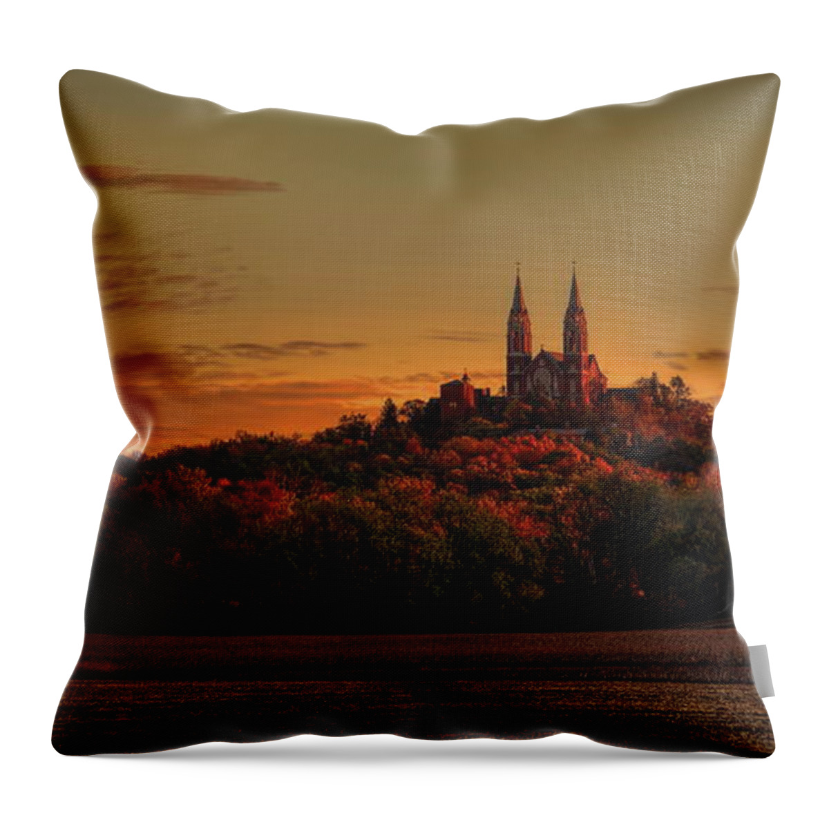 Church Throw Pillow featuring the photograph Holy Hill Sunrise Panorama by Dale Kauzlaric
