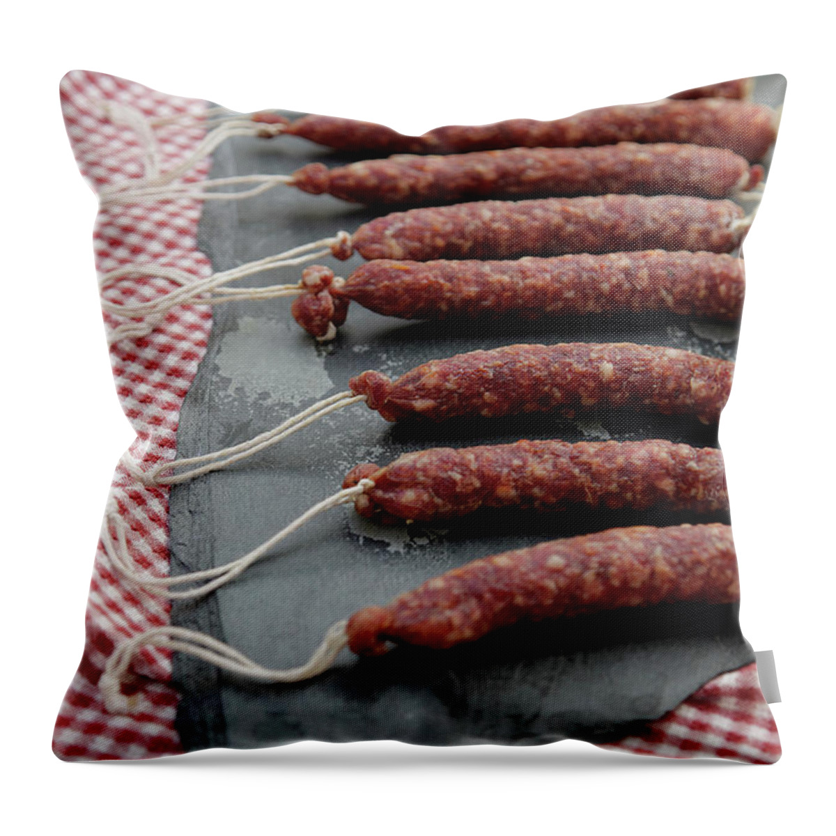 San Francisco Throw Pillow featuring the photograph Homemade Italian Sausage Tied With by Elisa Cicinelli