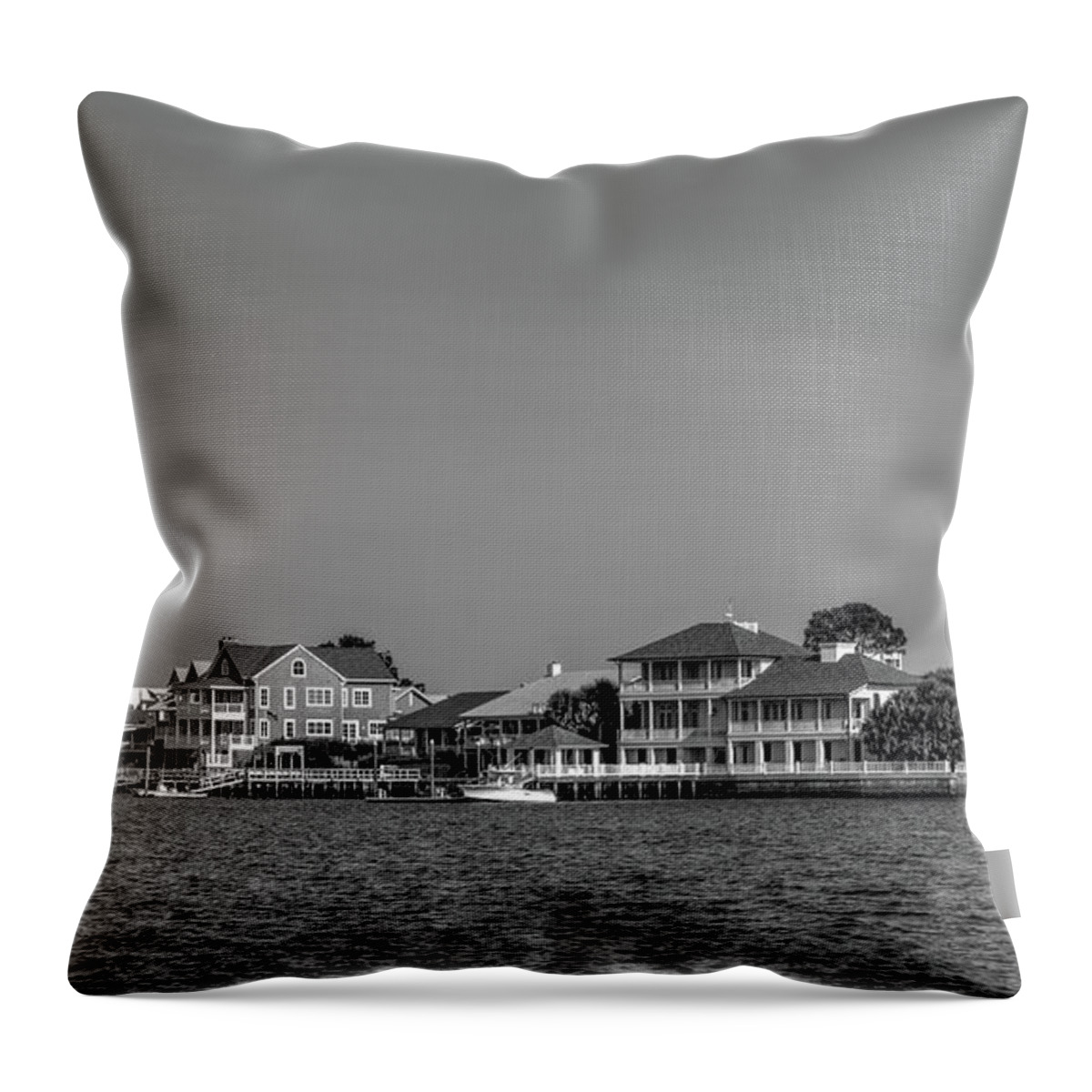 Atlantic Ocean Throw Pillow featuring the photograph Homes Across The Water In Morning In Black and White by Greg and Chrystal Mimbs