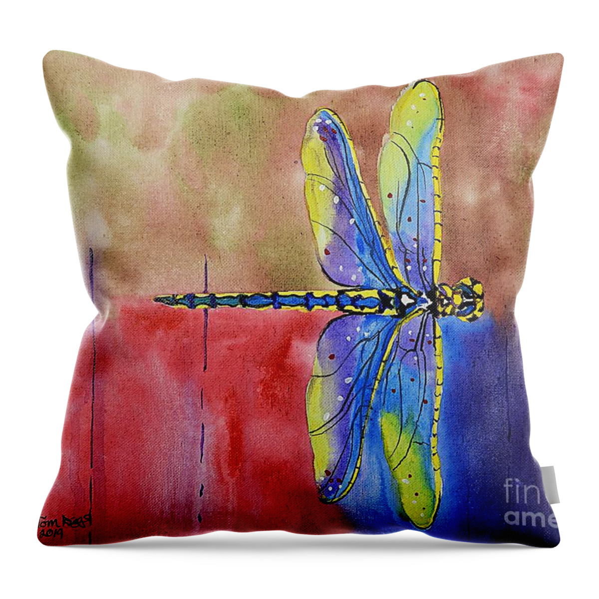 Dragonfly Throw Pillow featuring the painting Horizontal Flight by Tom Riggs