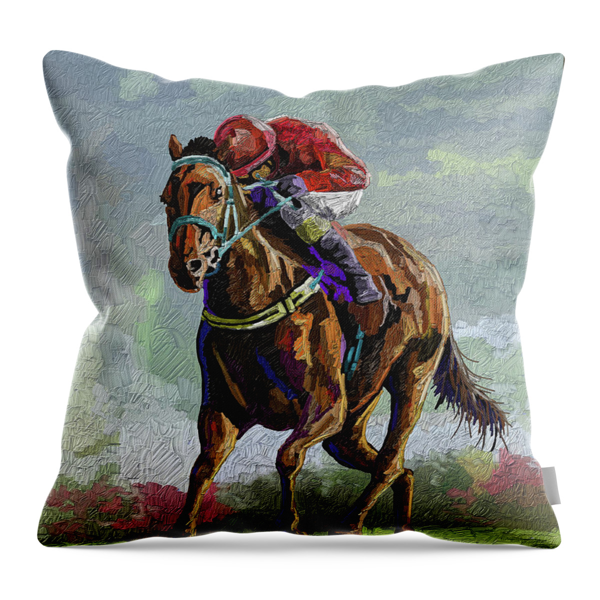 Nairobi Throw Pillow featuring the painting Horse and Jockey by Anthony Mwangi