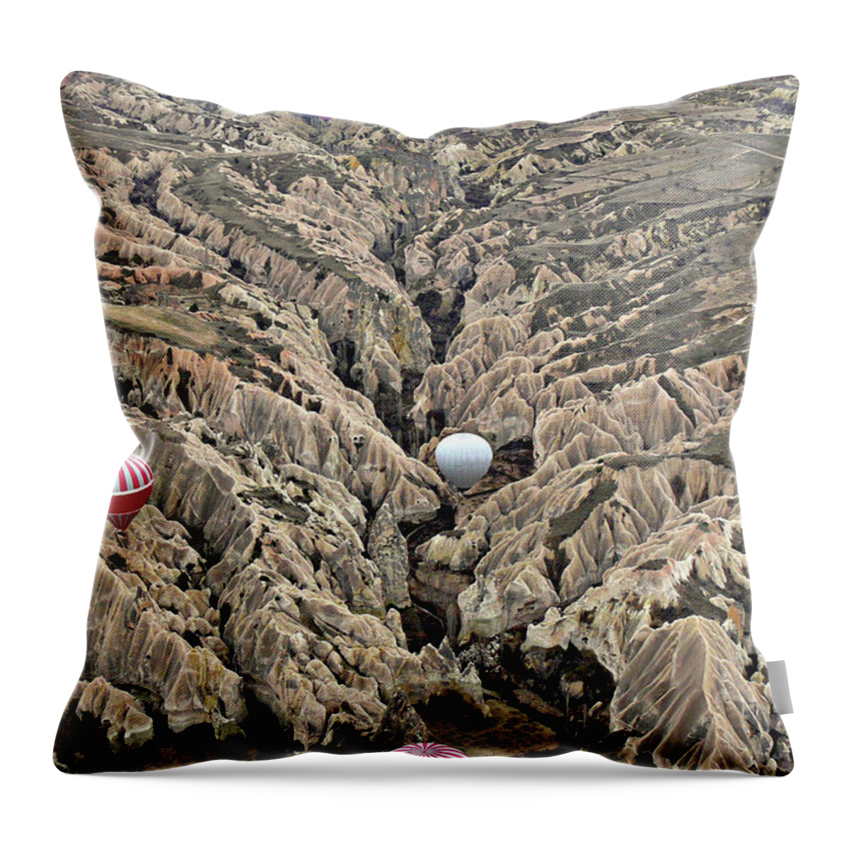 Dawn Throw Pillow featuring the photograph Hot Air Balloons Over Fairy Chimneys In by Gregory T. Smith