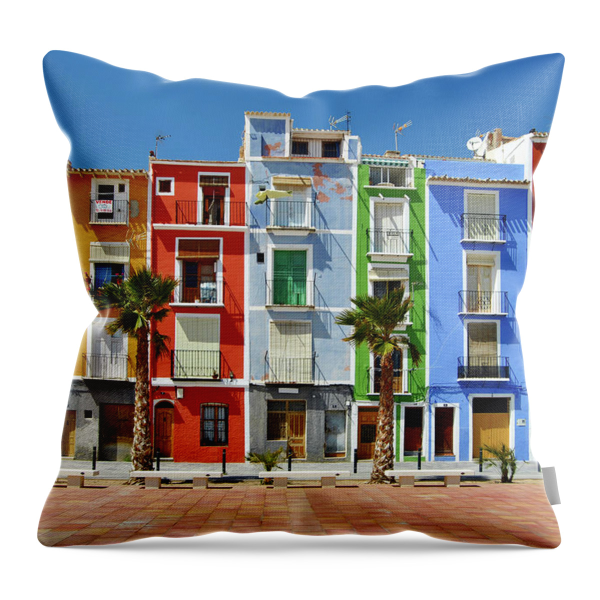 Clear Sky Throw Pillow featuring the photograph Houses In La Vila Joyosa by A Richard Poolton Image
