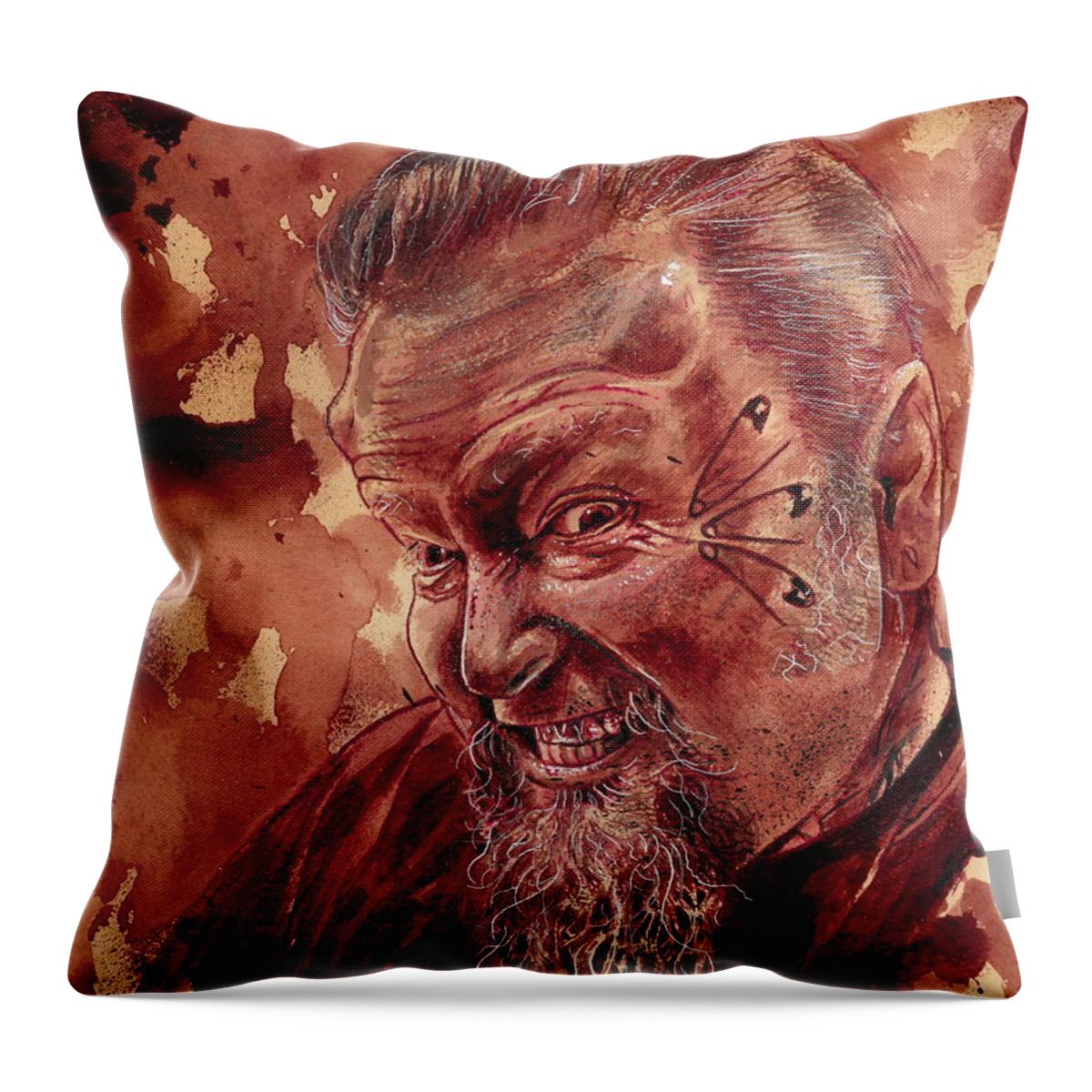 Ryan Almighty Throw Pillow featuring the painting Human Blood Artist Self Portrait - dry blood by Ryan Almighty