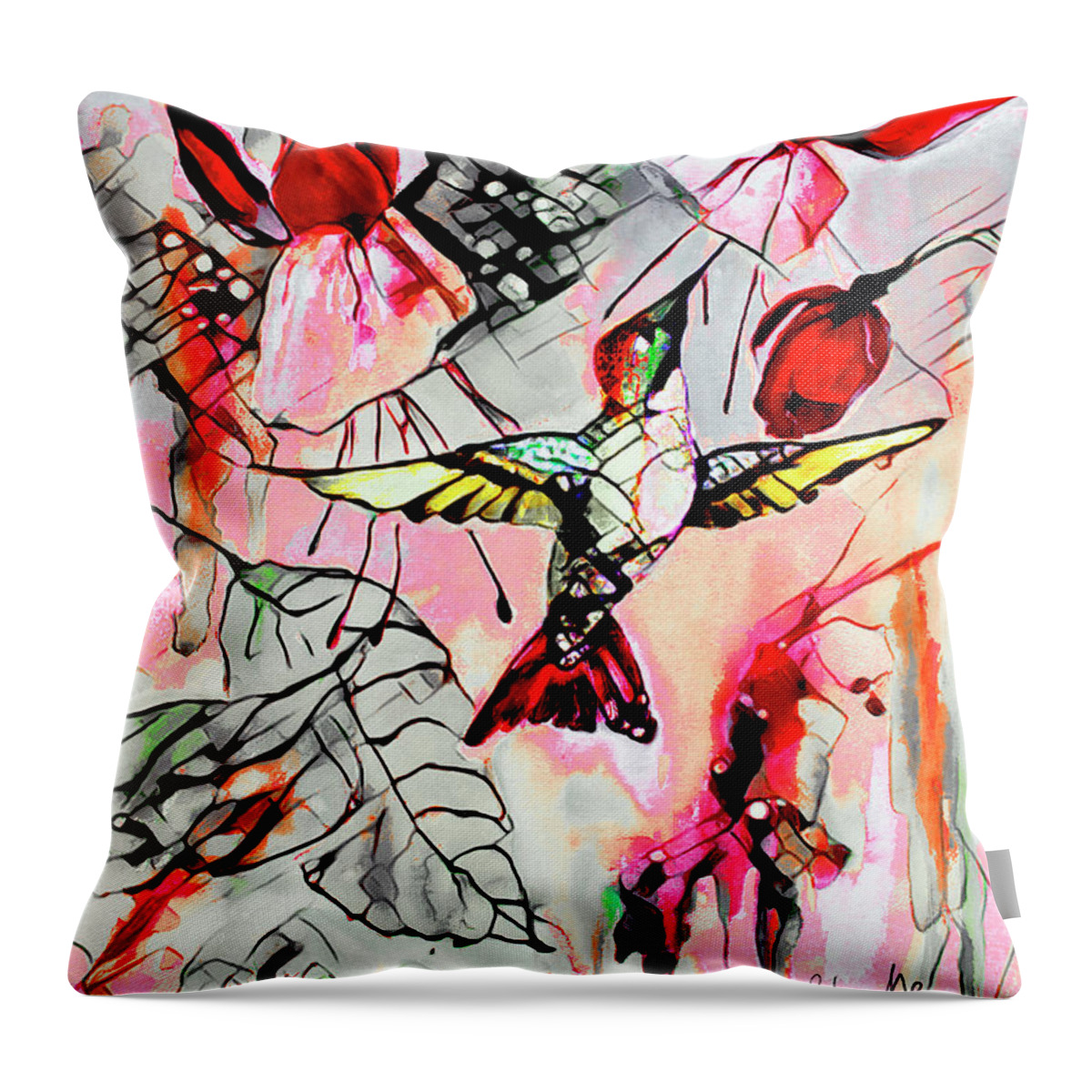 Hummingbirds Throw Pillow featuring the mixed media Hummingbird Abstract Modern Bird Art by Ginette Callaway