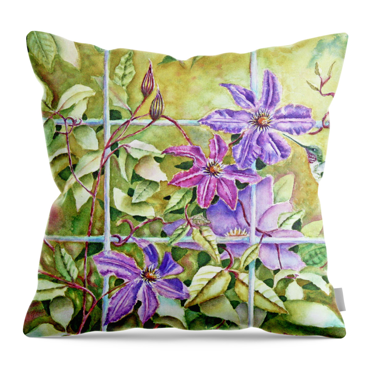 Hummingbird Throw Pillow featuring the painting Hummingbird and Clematis by Kathryn Duncan