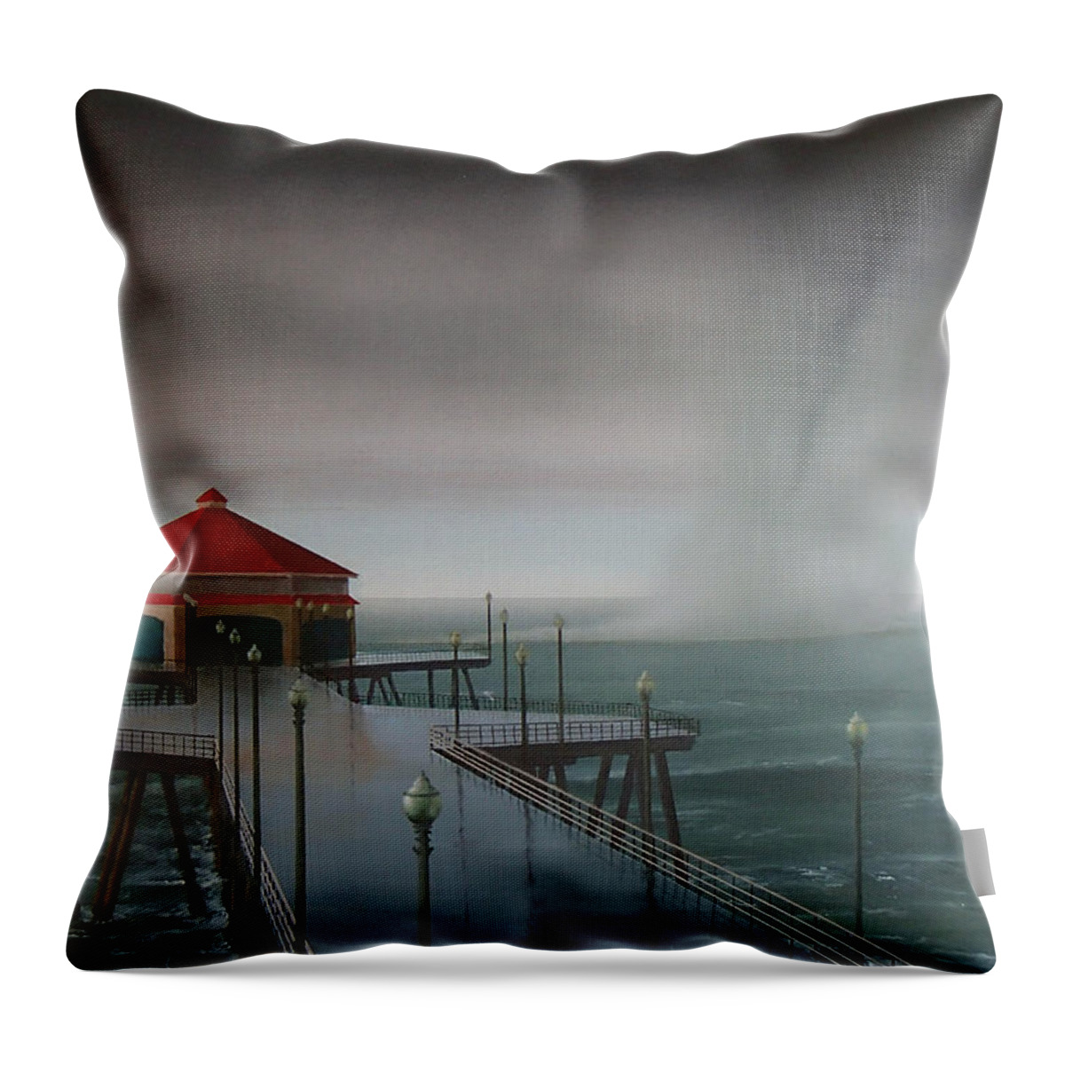 Huntington Beach Throw Pillow featuring the painting Huntington Beach Pier waterspout by Philip Fleischer