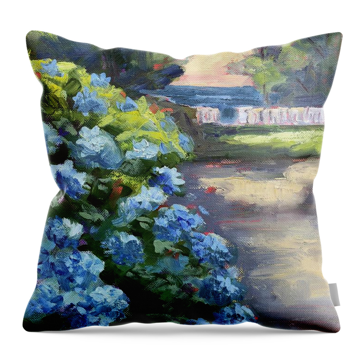 Blue Hydrangea Throw Pillow featuring the painting Hydrangea Sunrise by Barbara Hageman