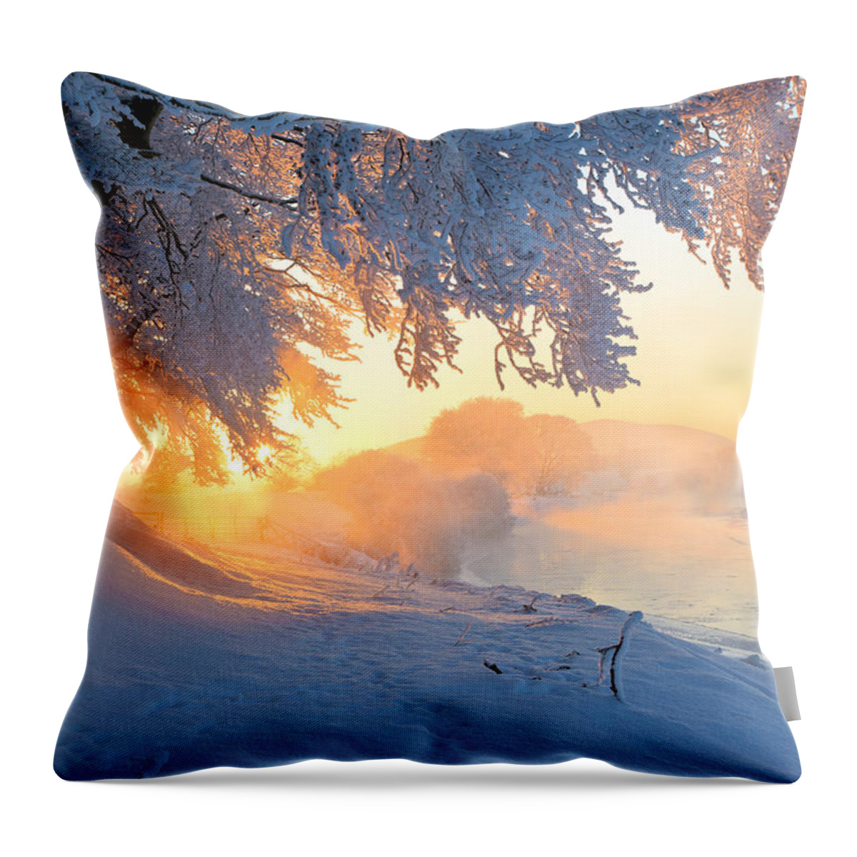 Tranquility Throw Pillow featuring the photograph Icy River At Sunset With Frost Smoke by Simon Butterworth