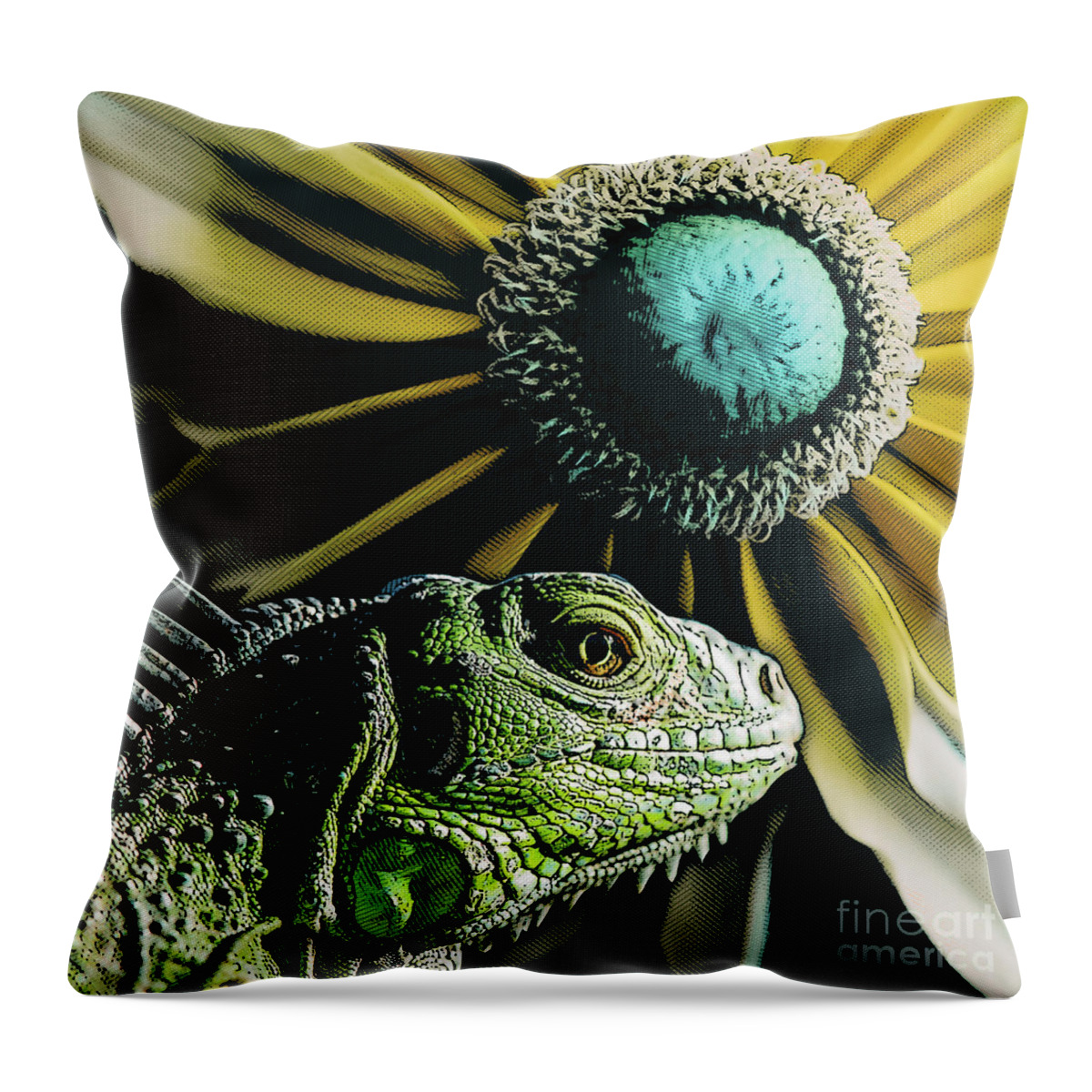 Plant Throw Pillow featuring the digital art Iguana And Sunflower by Phil Perkins