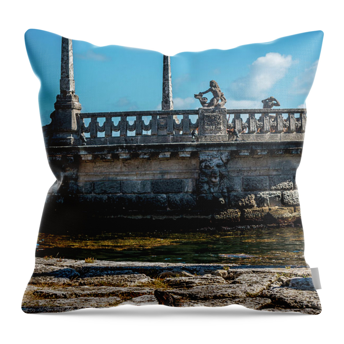 Deering Throw Pillow featuring the photograph Iguana at Vizcaya Barge by Susie Weaver