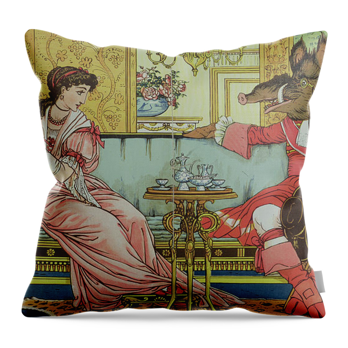 Beauty And The Beast Throw Pillow featuring the painting Illustration From Beauty And The Beast by Walter Crane