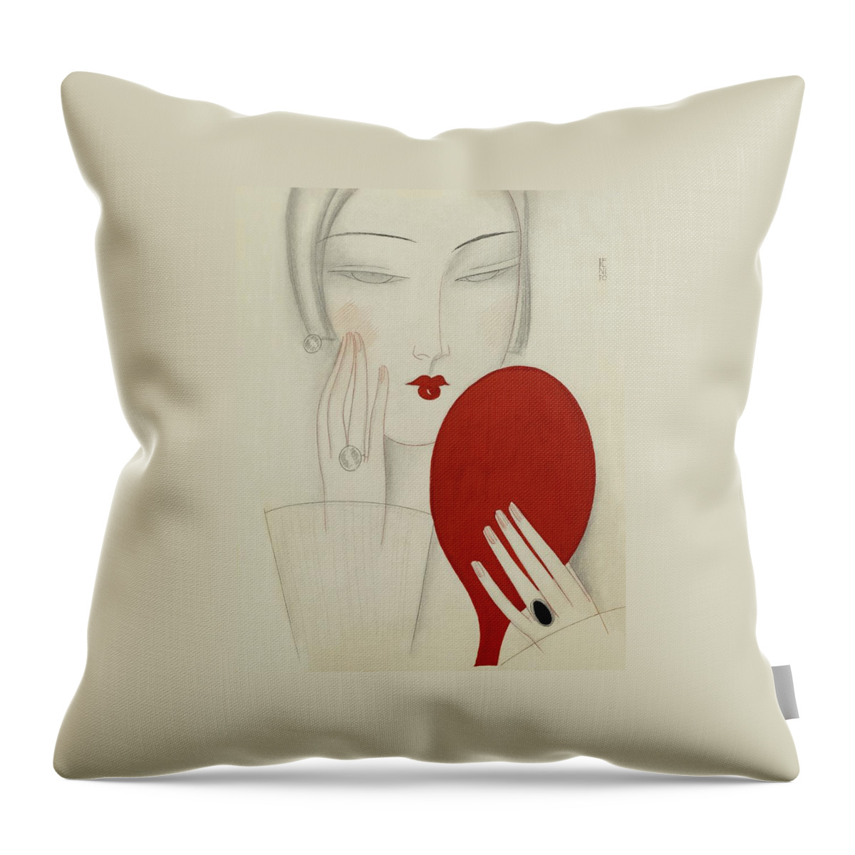 Illustration Of A Woman Peering Into A Red Throw Pillow