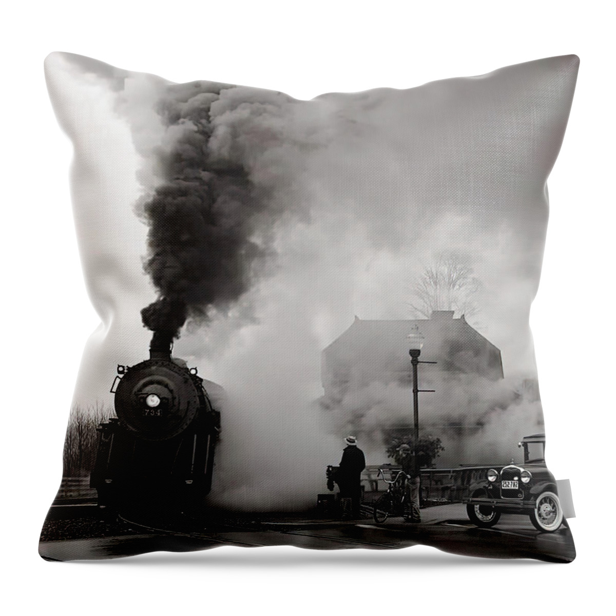 Vintage Throw Pillow featuring the photograph Image Of Steam Locomotive And Model A Ford At Intersection by Retrographs
