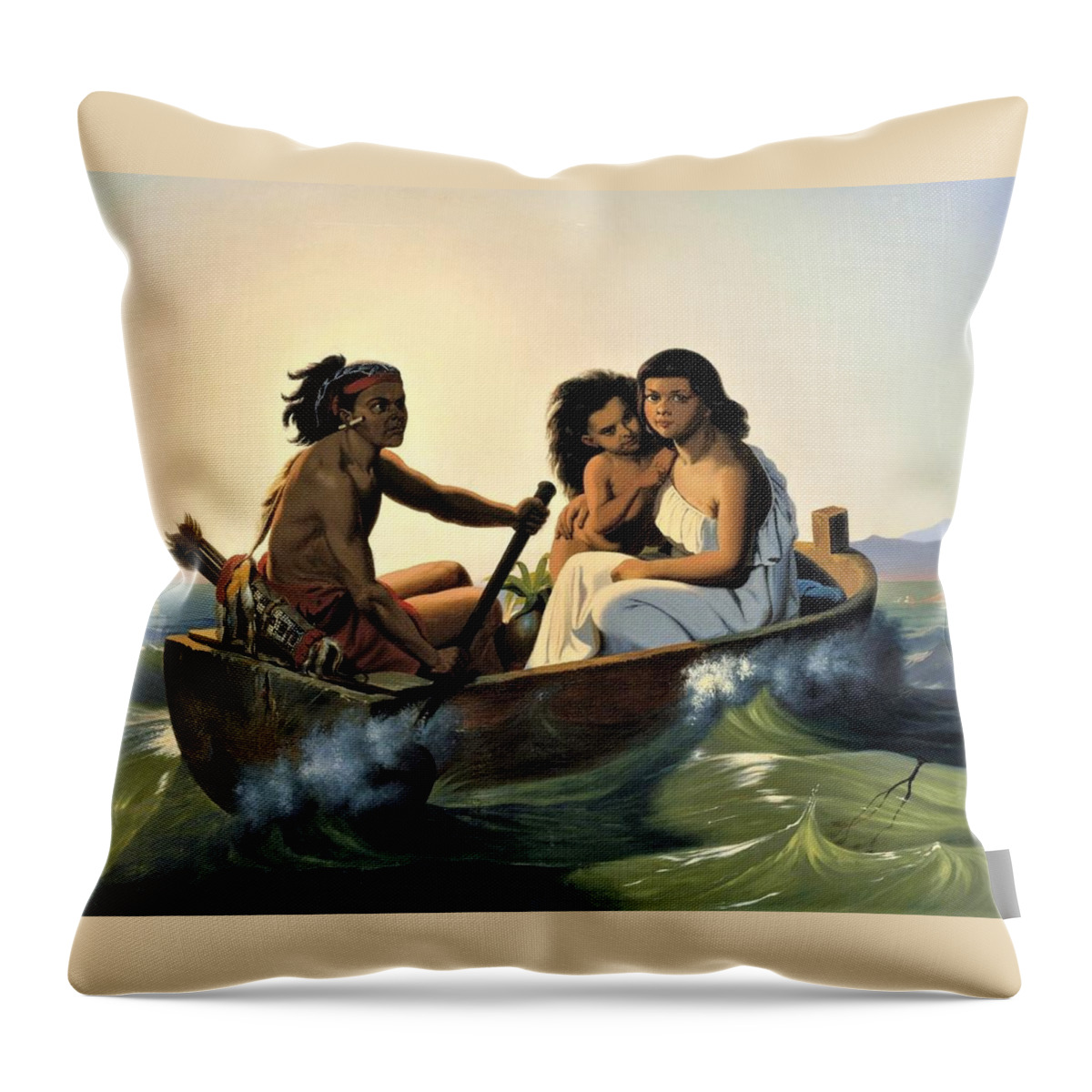 Uspd: Reproduction Throw Pillow featuring the painting Indian family on San Francisco bay by Thea Recuerdo