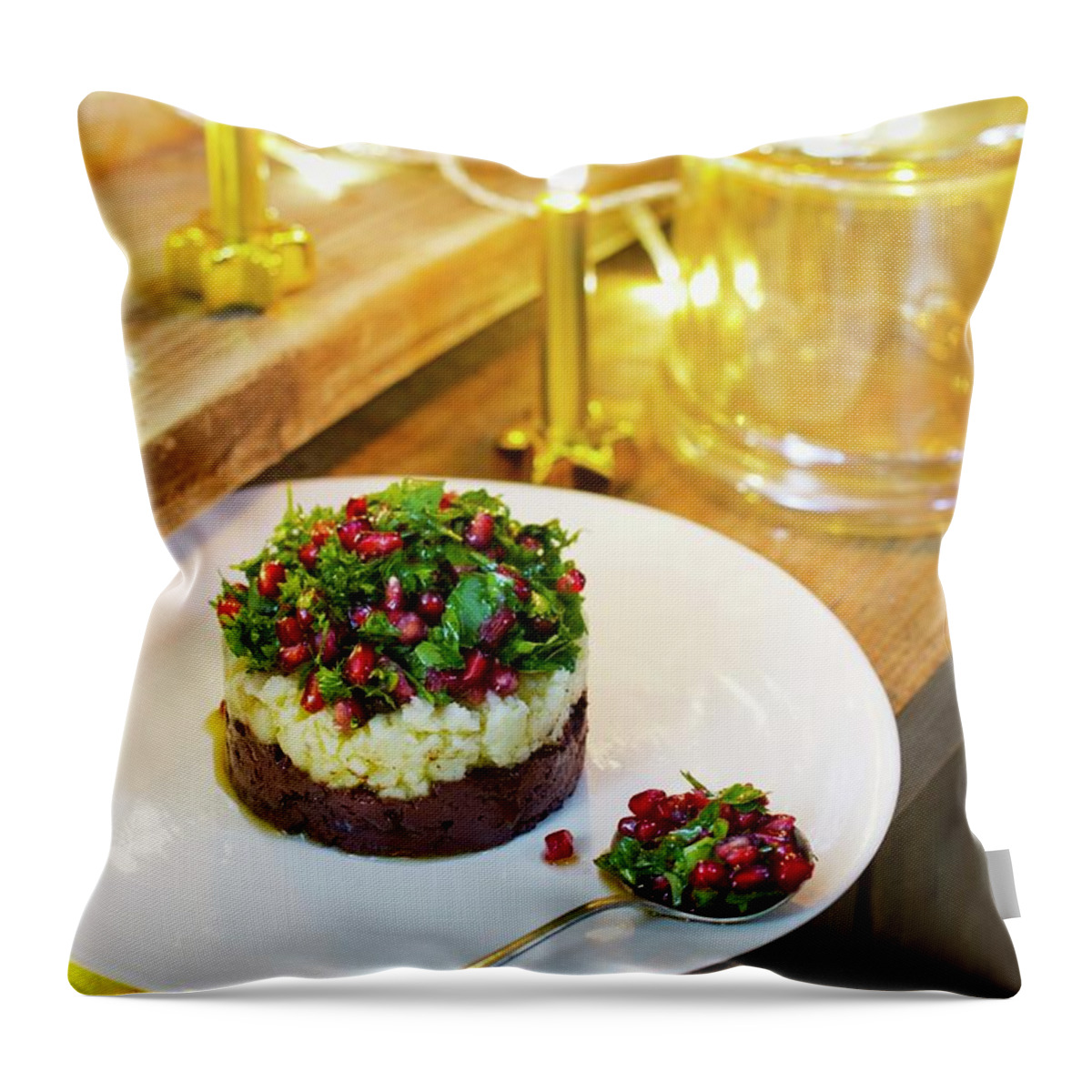 Ip_11160416 Throw Pillow featuring the photograph Individual Prune Layer Cake Topped With Parsley And Pomegranate Salad by Atelier Mai 98