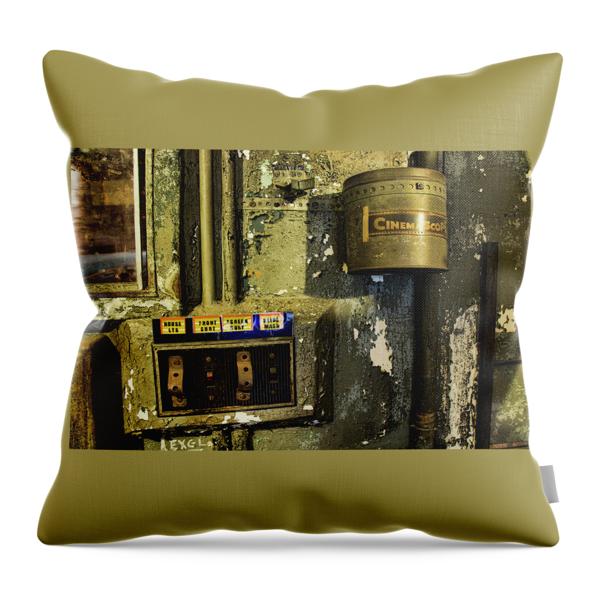 Lansdowne Theater Throw Pillow featuring the photograph Inside the Projector Room by Kristia Adams