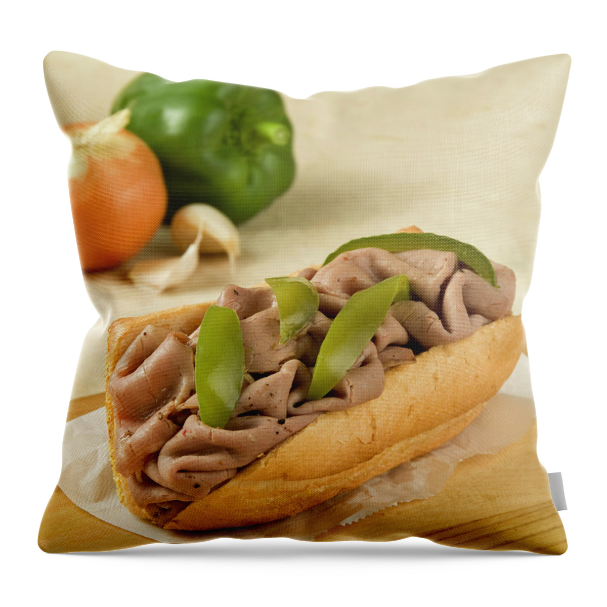 Bun Throw Pillow featuring the photograph Italian Beef Sandwich With Green Pepper by Thomas Firak Photography