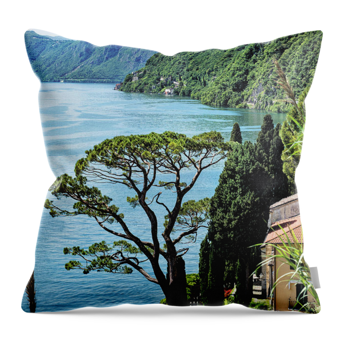 Estock Throw Pillow featuring the digital art Italy, Lombardy, Como District, Valsolda, Oria Locality, Lugano Lake by Susy Mezzanotte