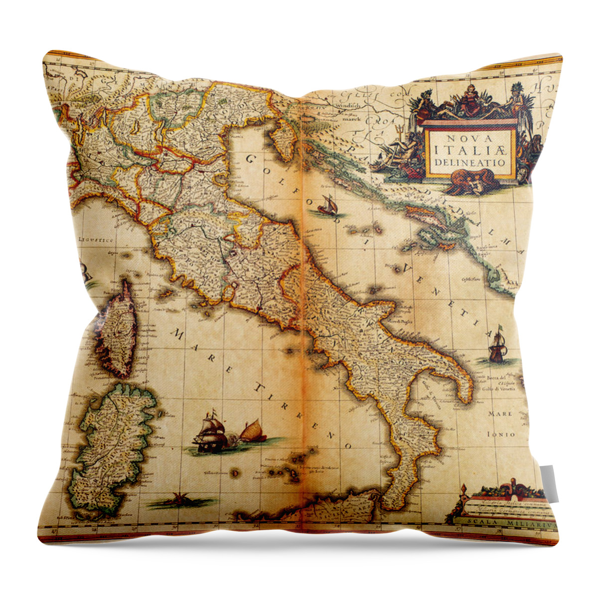 Engraving Throw Pillow featuring the digital art Italy Map 1635 by Nicoolay