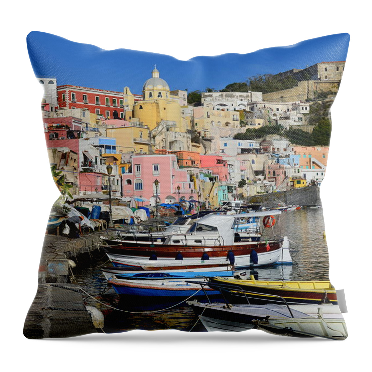 Procida Throw Pillow featuring the painting Italy Procida Island Marina Corricella Naples Bay 3 by Ana Maria Edulescu