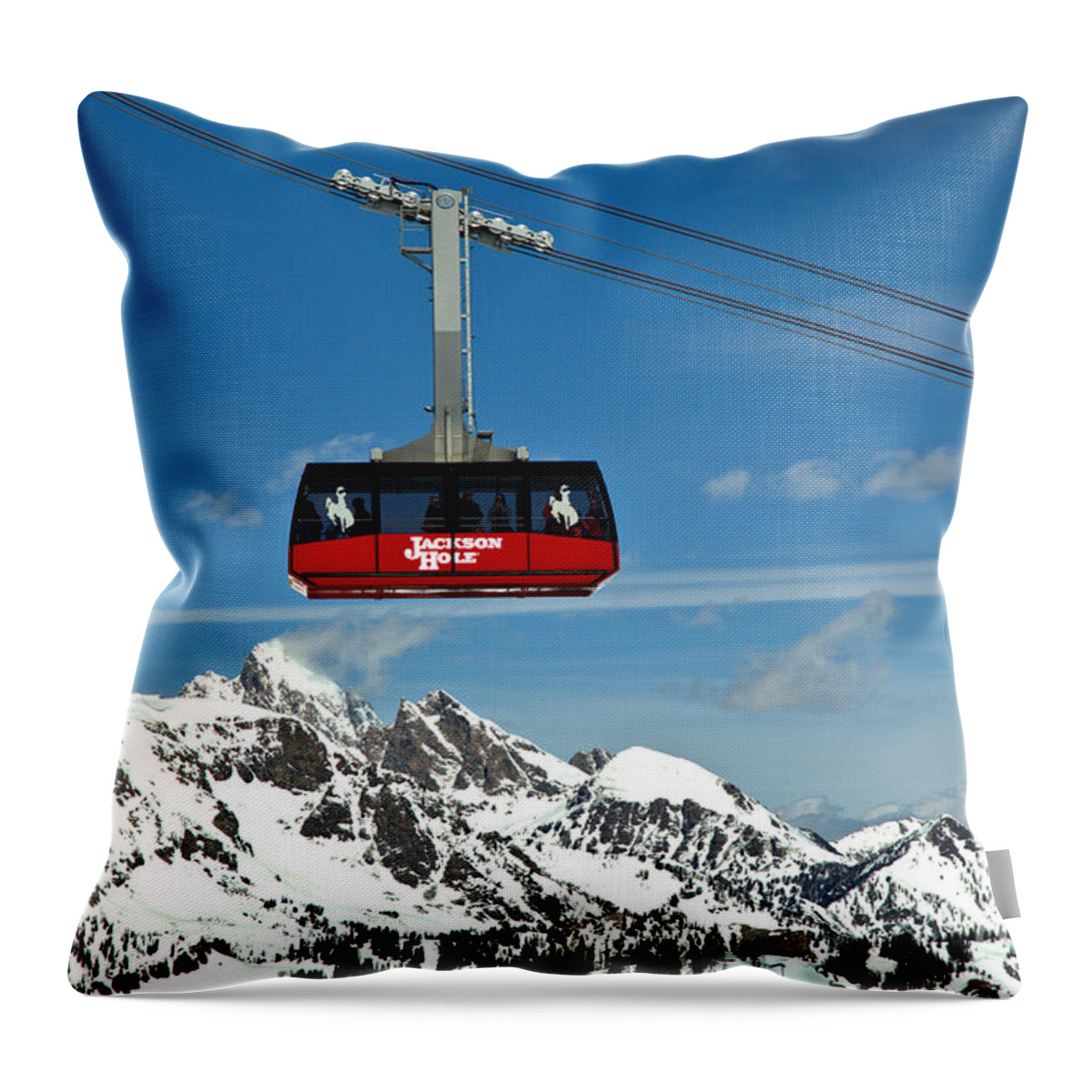 Jackson Hole Tram Throw Pillow featuring the photograph Jackson Hole Tram Over The Snow Caps by Adam Jewell