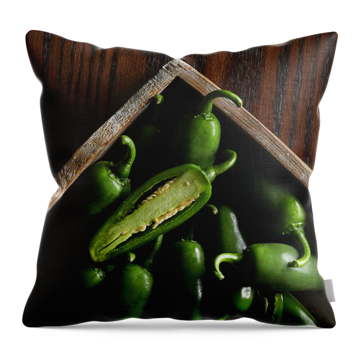 Fresh Throw Pillow featuring the photograph Jalapenos in a wooden box by Cuisine at Home