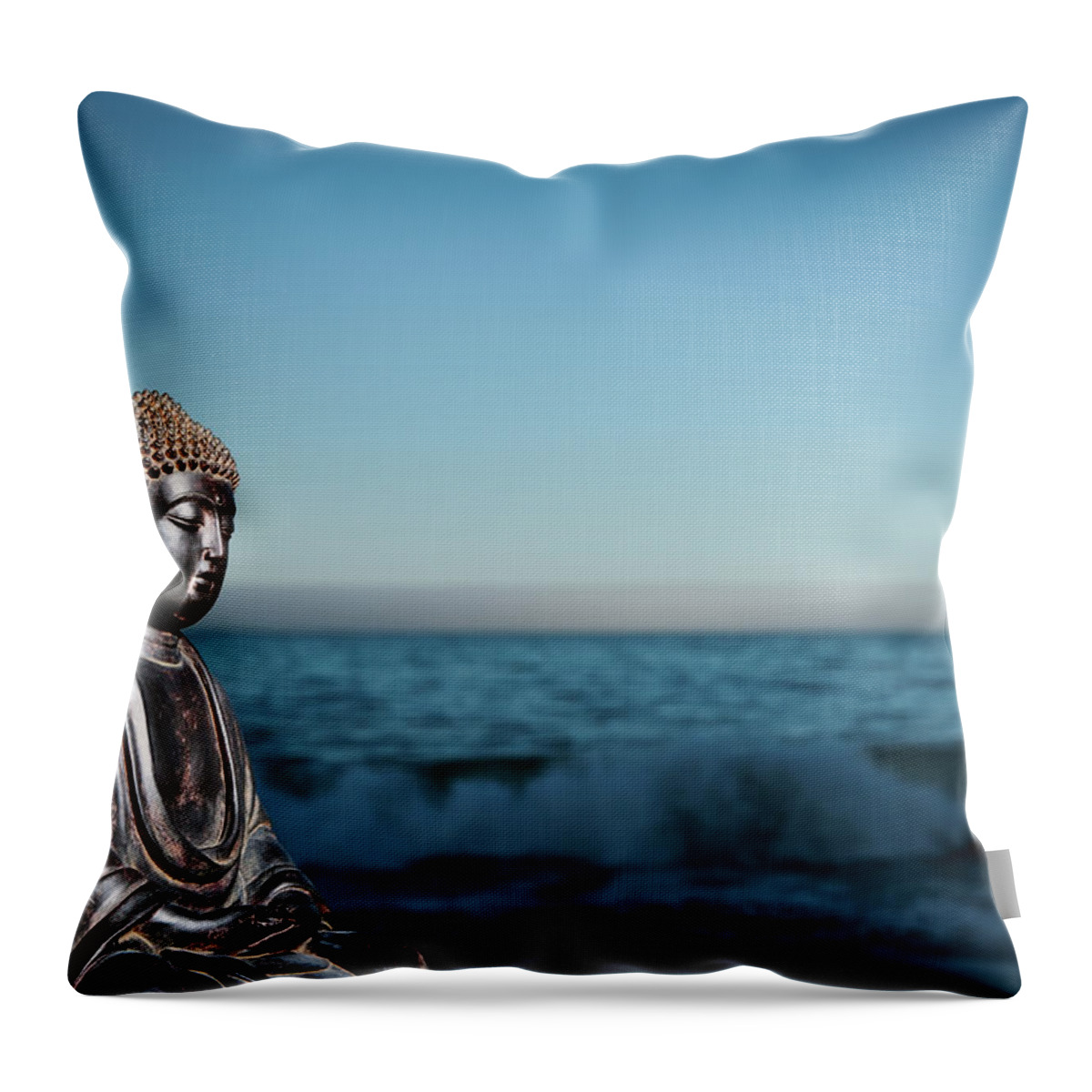 Water's Edge Throw Pillow featuring the photograph Japanese Buddha Statue At Ocean Shore by Wesvandinter