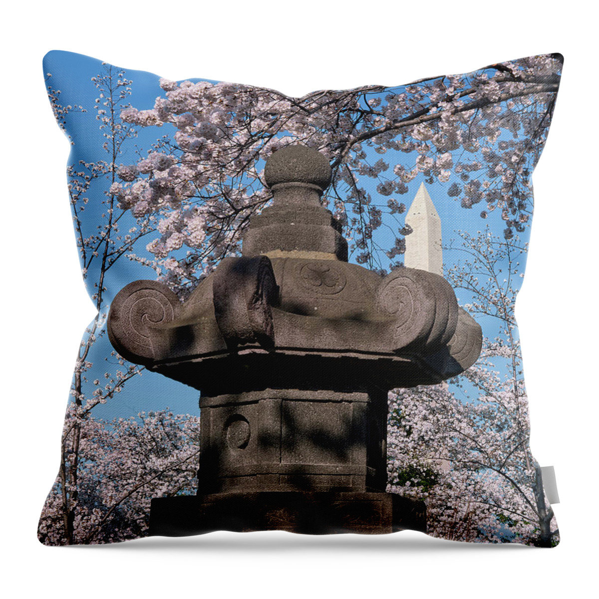 Washington D.c. Throw Pillow featuring the photograph Japanese Stone Lantern and the Washington Monument DS057 by Gerry Gantt