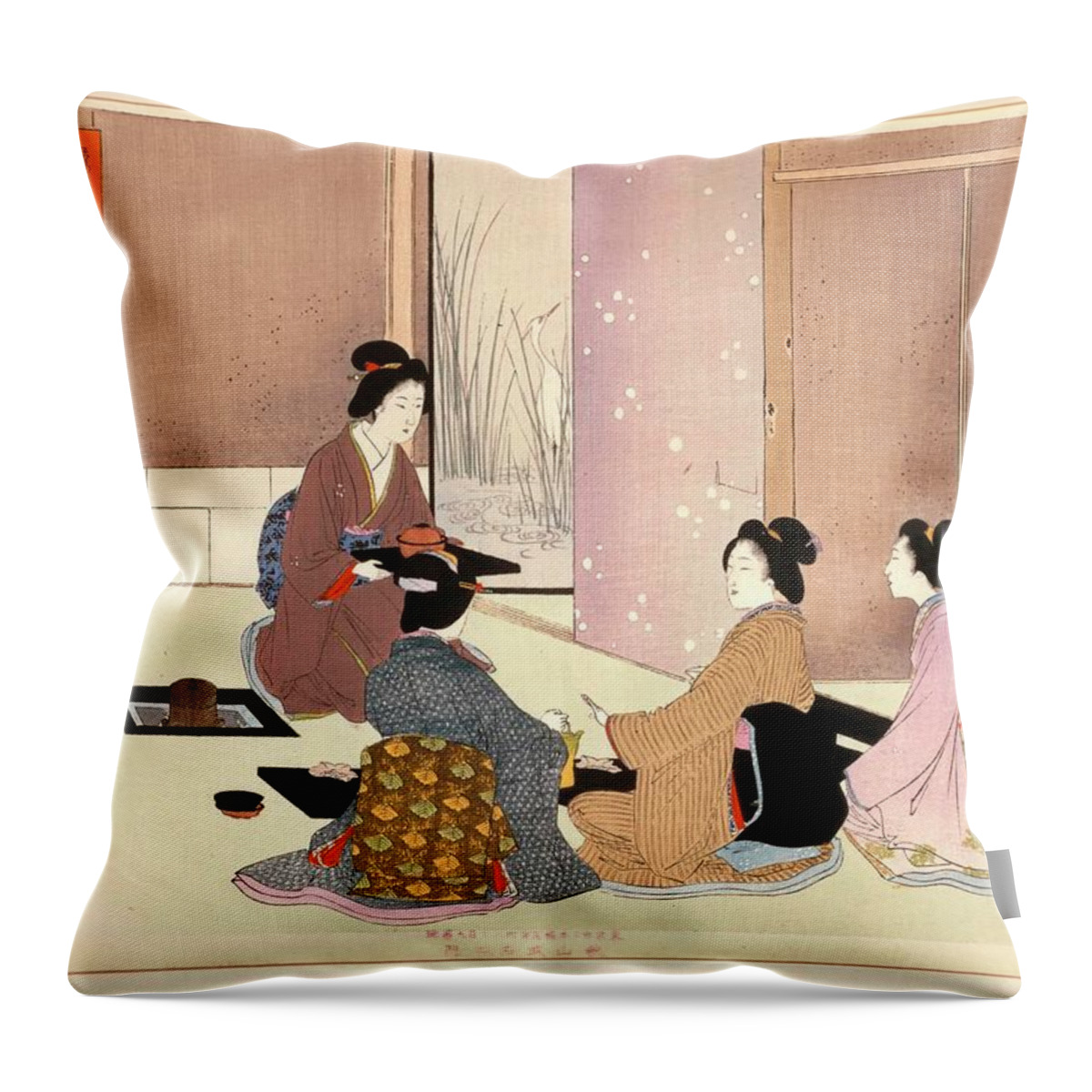 Toshikata Throw Pillow featuring the drawing Japanese Tea Ceremony, 19th century. by Mizuno Toshikata -1866-1908-