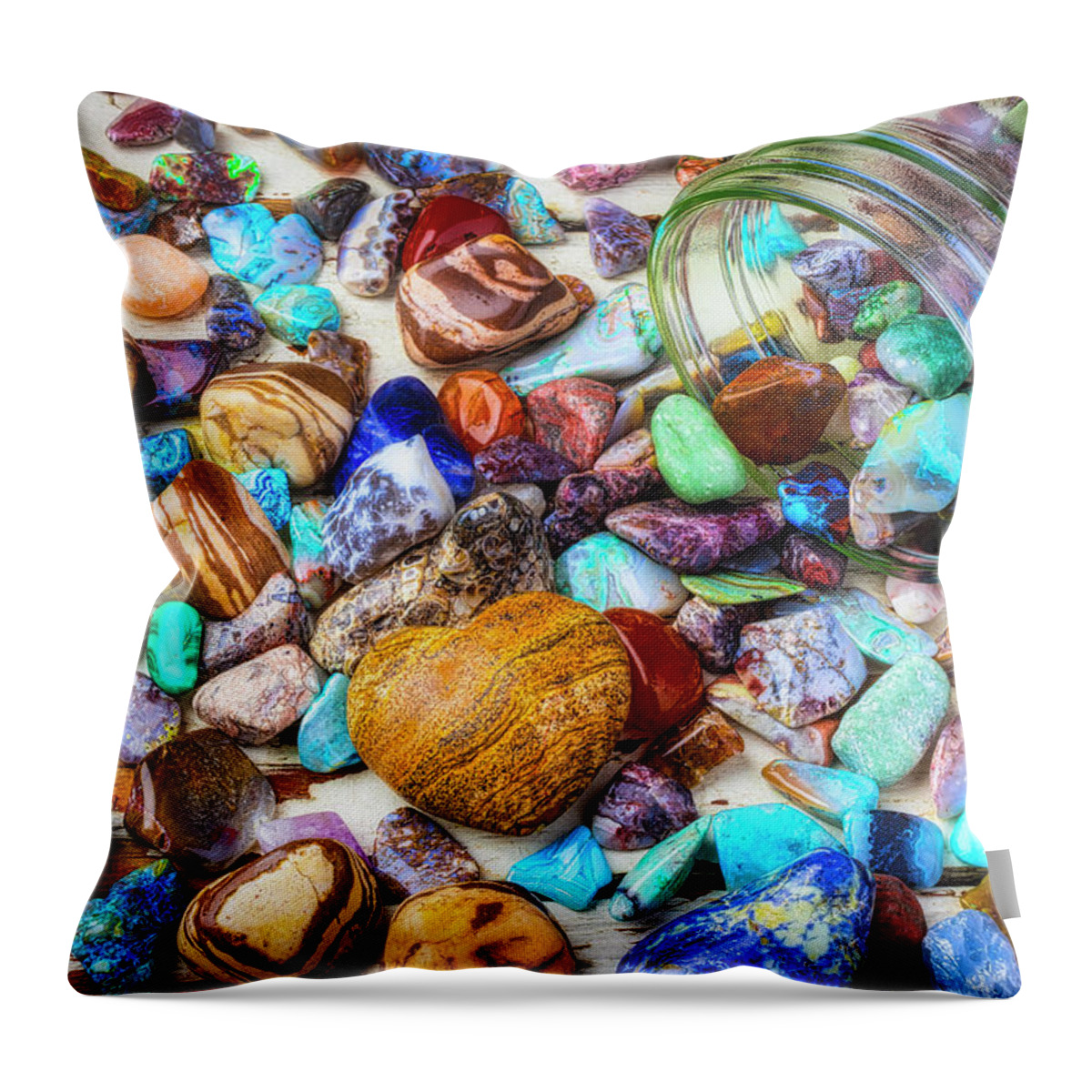 Stone Throw Pillow featuring the photograph Jar Of Rocks And Heart Stone by Garry Gay