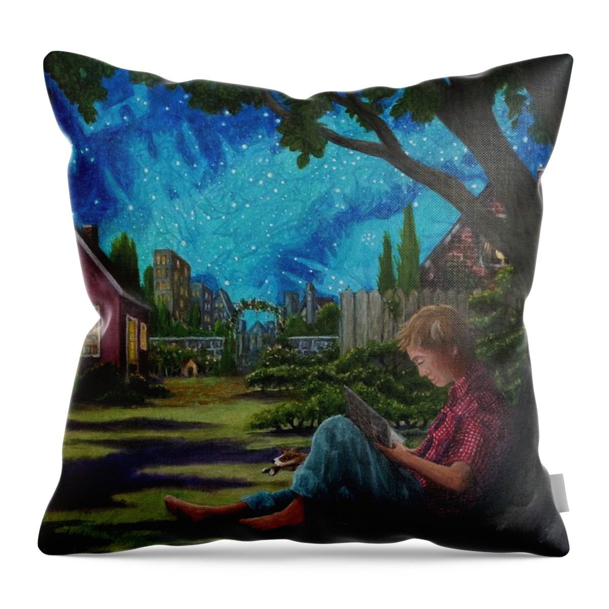 Reading Throw Pillow featuring the painting Jason Under the Fig Tree by Matt Konar
