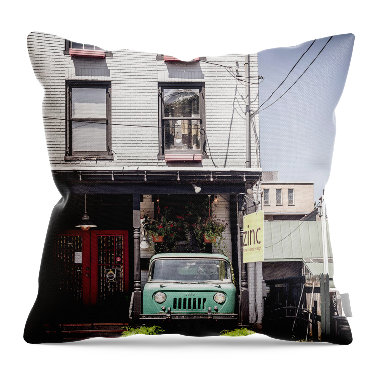Lambertville Throw Pillow featuring the photograph Jeep On The Porch by Steve Stanger
