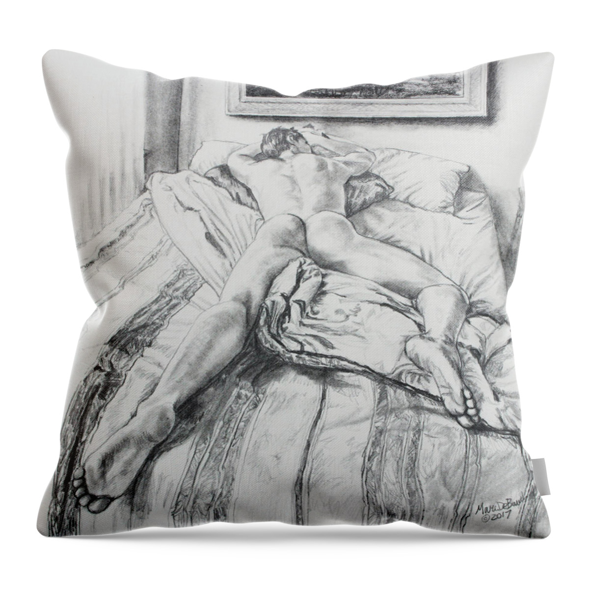 Male Nude Throw Pillow featuring the drawing Jeremy on the Bed by Marc DeBauch