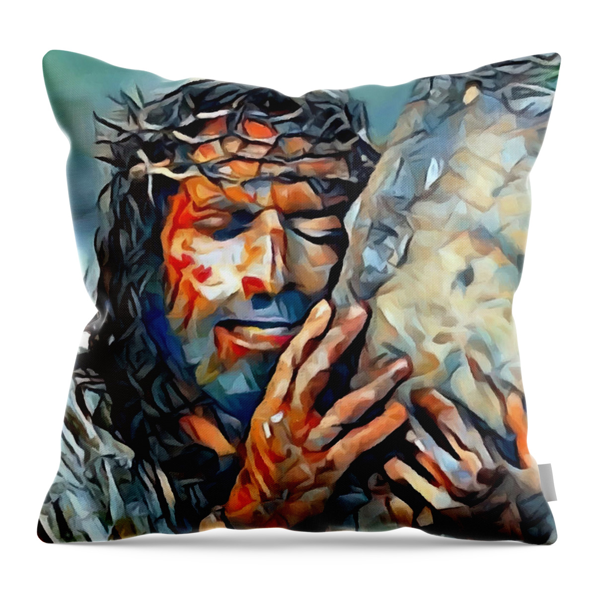 Jesus Throw Pillow featuring the mixed media Jesus and the Cross by Carl Gouveia