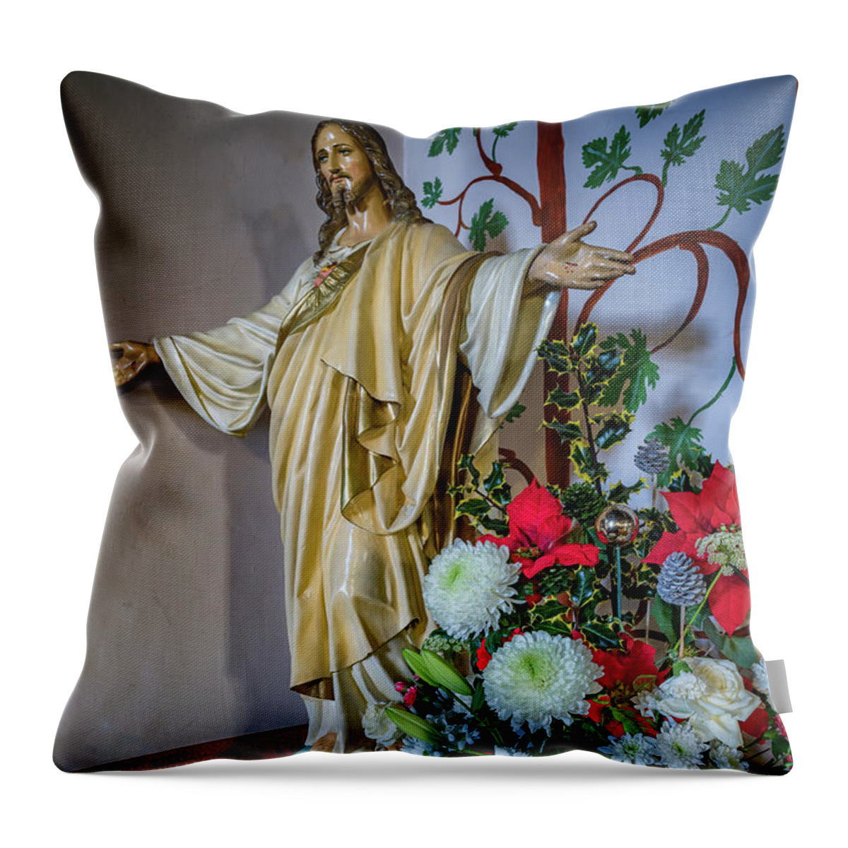 Catholic Throw Pillow featuring the photograph Jesus Christ With Flowers by Adrian Evans