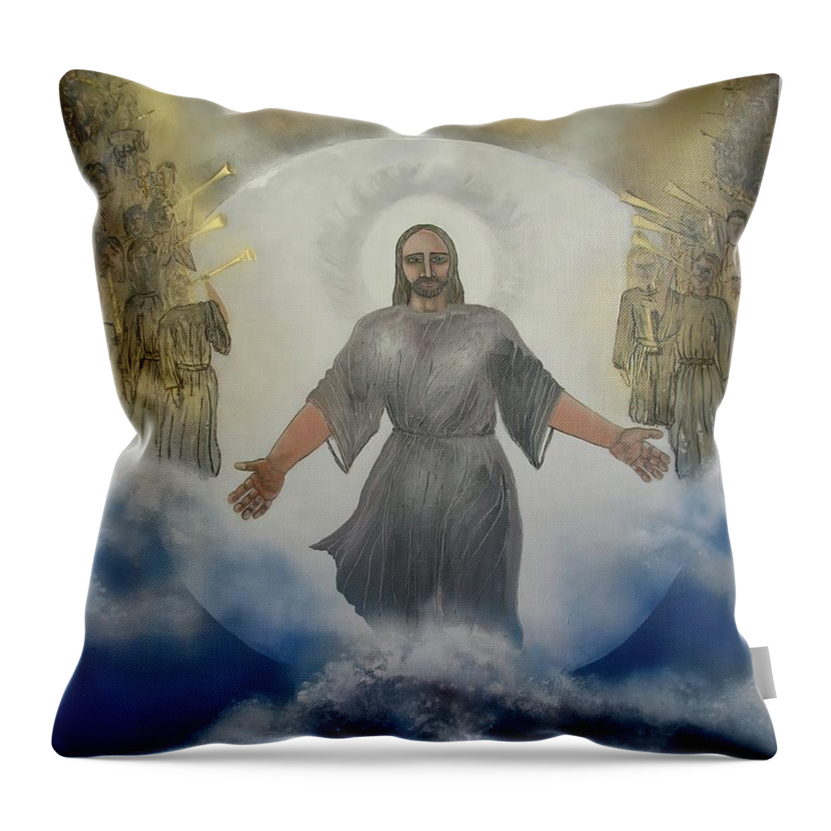 Heaven Throw Pillow featuring the painting Jesus The Saviour - Glory To God by Joan Stratton