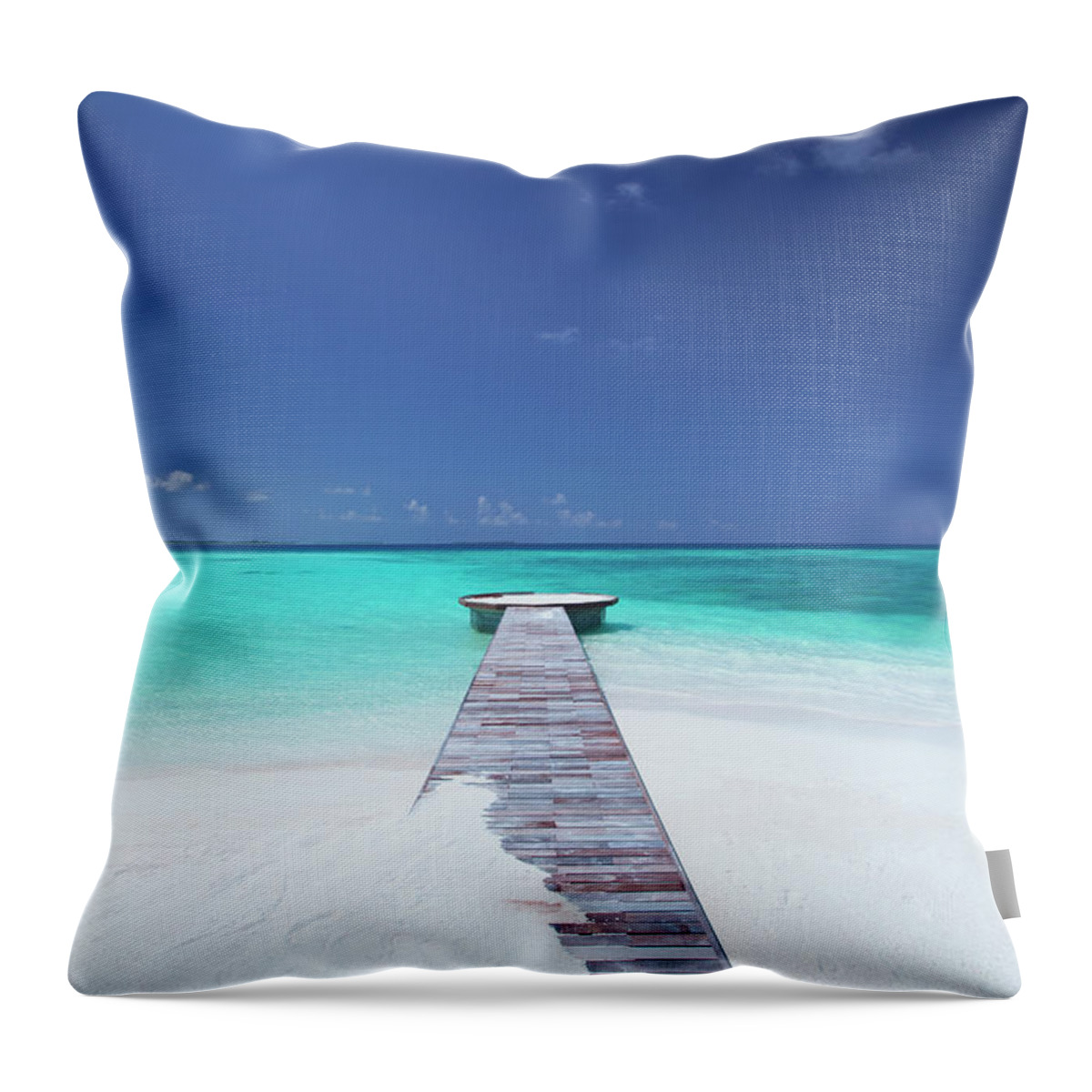 Water's Edge Throw Pillow featuring the photograph Jetty Leading To Ocean, Maldives by Sakis Papadopoulos