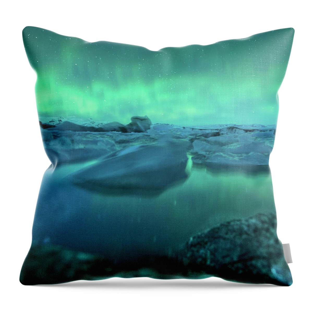 Scenics Throw Pillow featuring the photograph Jokusarlon Glacial Lake With Aurora by Coolbiere Photograph