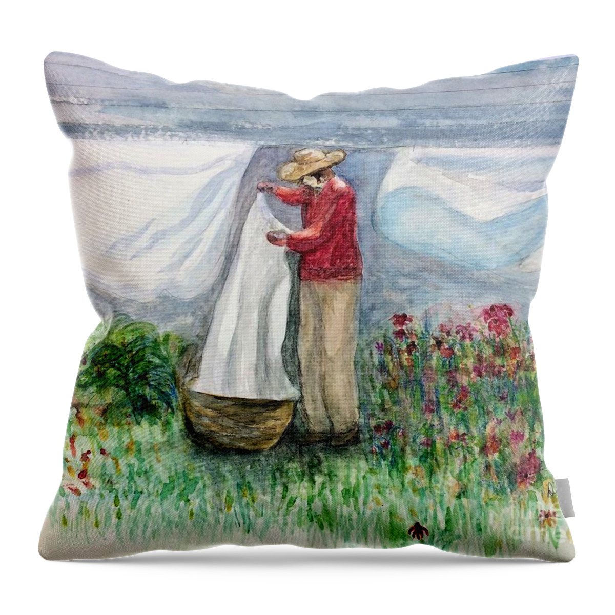Laundry Hanging On The Line Throw Pillow featuring the painting Jo's Linens by Deb Stroh-Larson