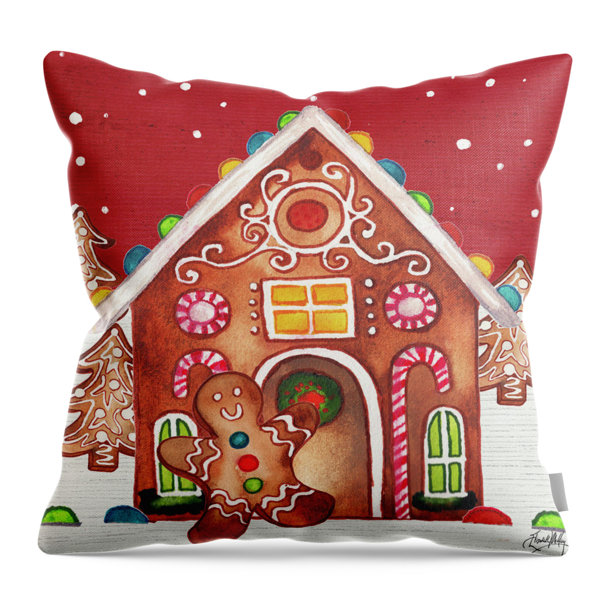 Gingerbread Throw Pillow featuring the mixed media Joyful Gingerbread Village I by Elizabeth Medley
