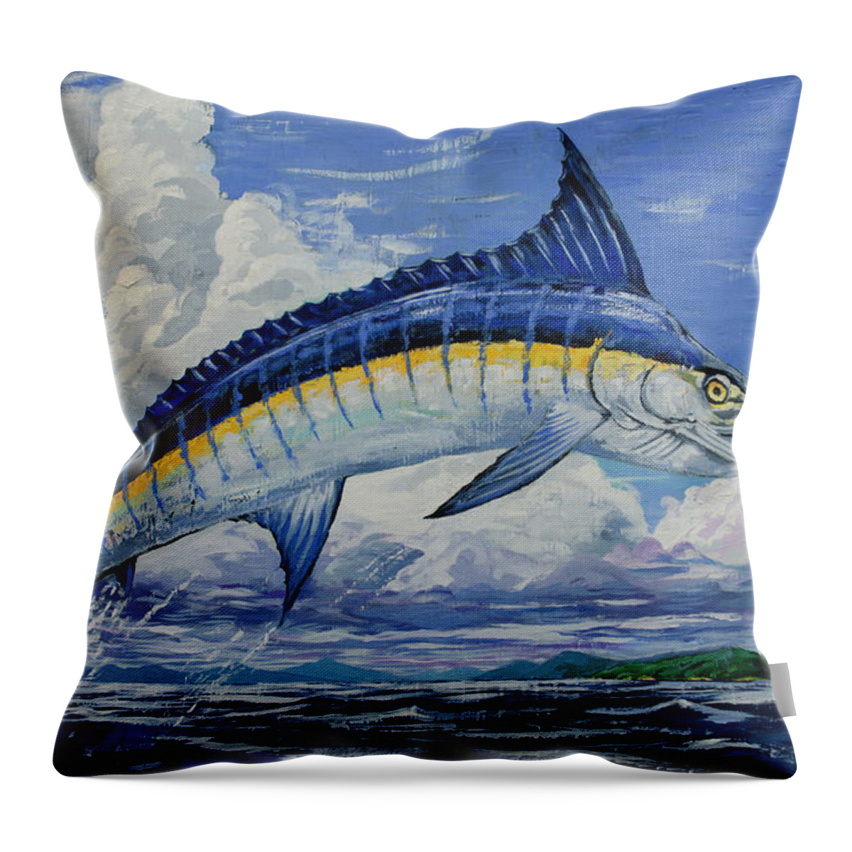 Marlin Throw Pillow featuring the painting Jumping Marlin by John Gibbs