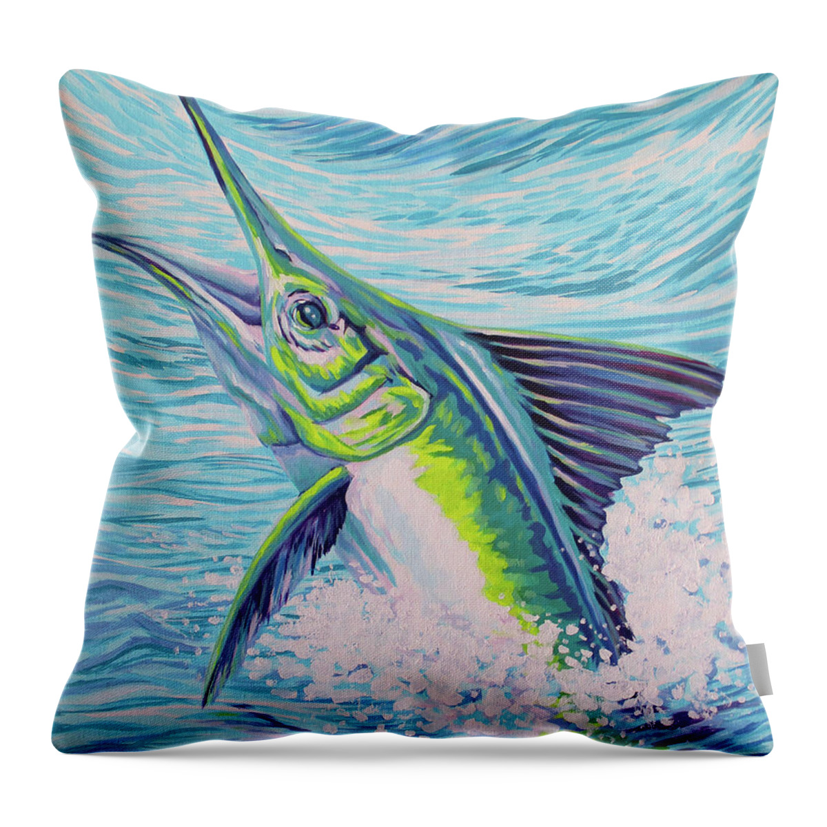 Marlin Throw Pillow featuring the painting Jumping Marlin by Tish Wynne