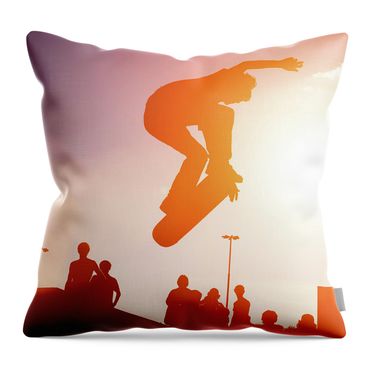 Orange Color Throw Pillow featuring the photograph Jumping Skateboarder by Logoboom