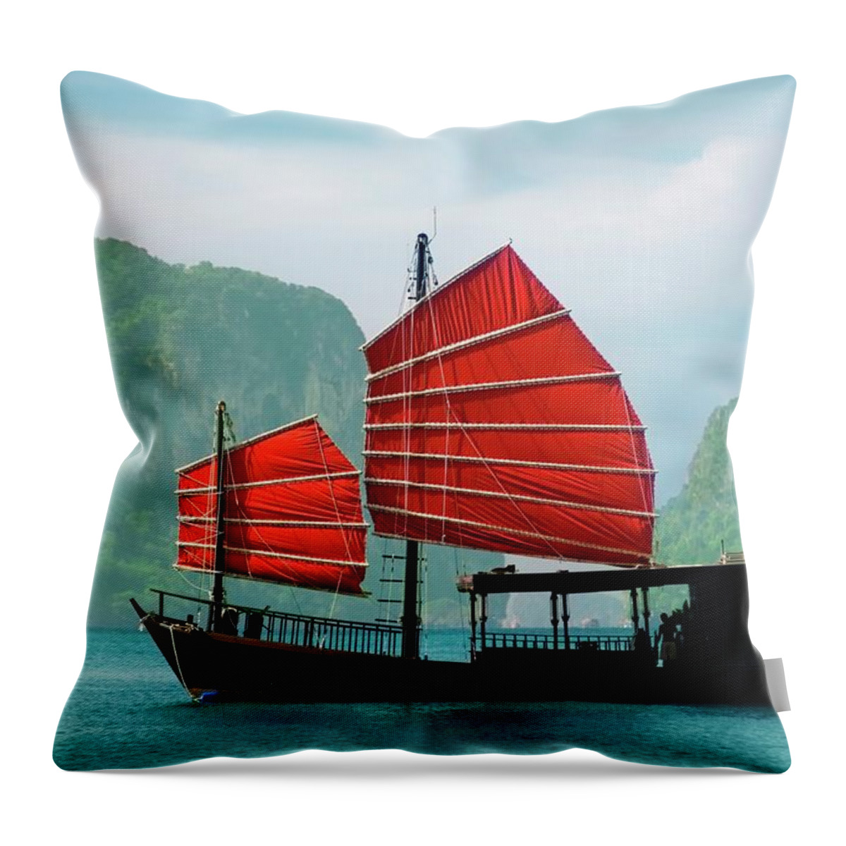 Journey Throw Pillow featuring the photograph Junk Ship With Mountain Island by R9 ronaldo