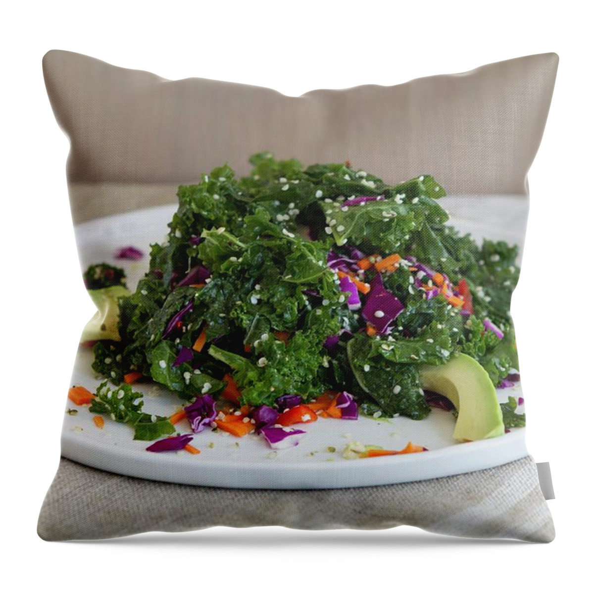 Ip_11333176 Throw Pillow featuring the photograph Kale Salad With Hemp Seeds, Peppers, Red Cabbage, Carrots, Avocado And A Lemon And Garlic Vinaigrette by Gus Cantavero Photography