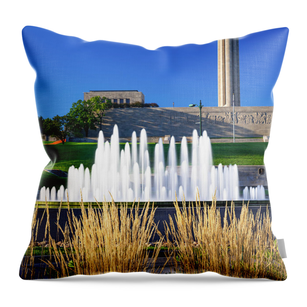 Kansas City Throw Pillow featuring the photograph Kansas City Union Station Fountain Under the War Memorial by Gregory Ballos