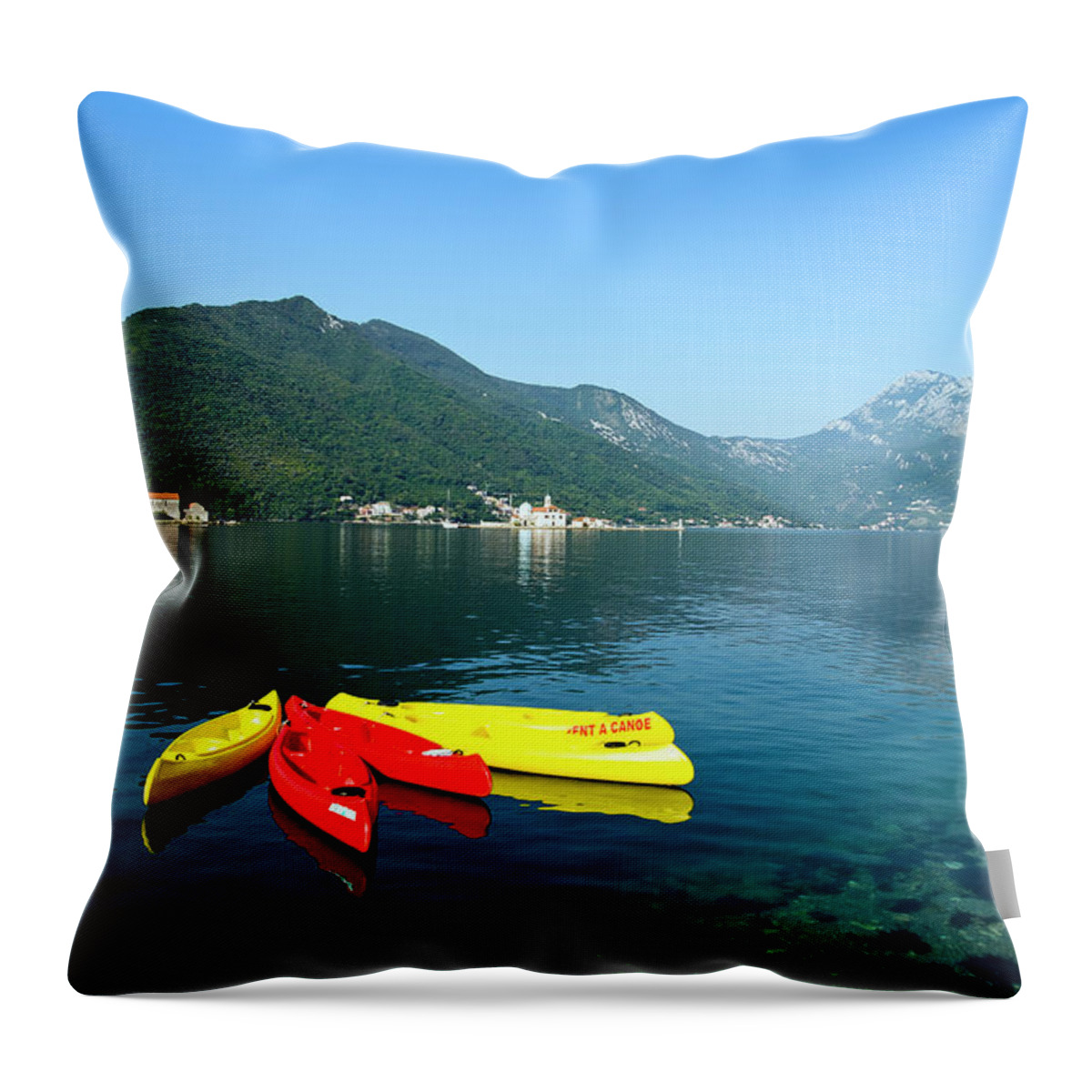 Estock Throw Pillow featuring the digital art Kayaks In Kotor Bay, Montenegro by Stipe Surac