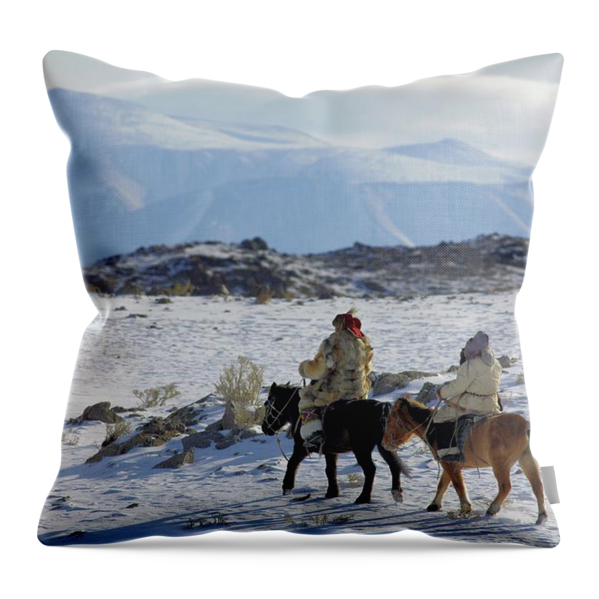 Horse Throw Pillow featuring the photograph Kazakh Golden Eagle Hunters In Altai by Timothy Allen
